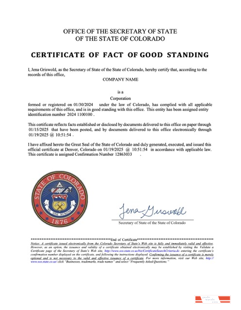 USA Colorado certificate of fact of good standing Word and PDF template